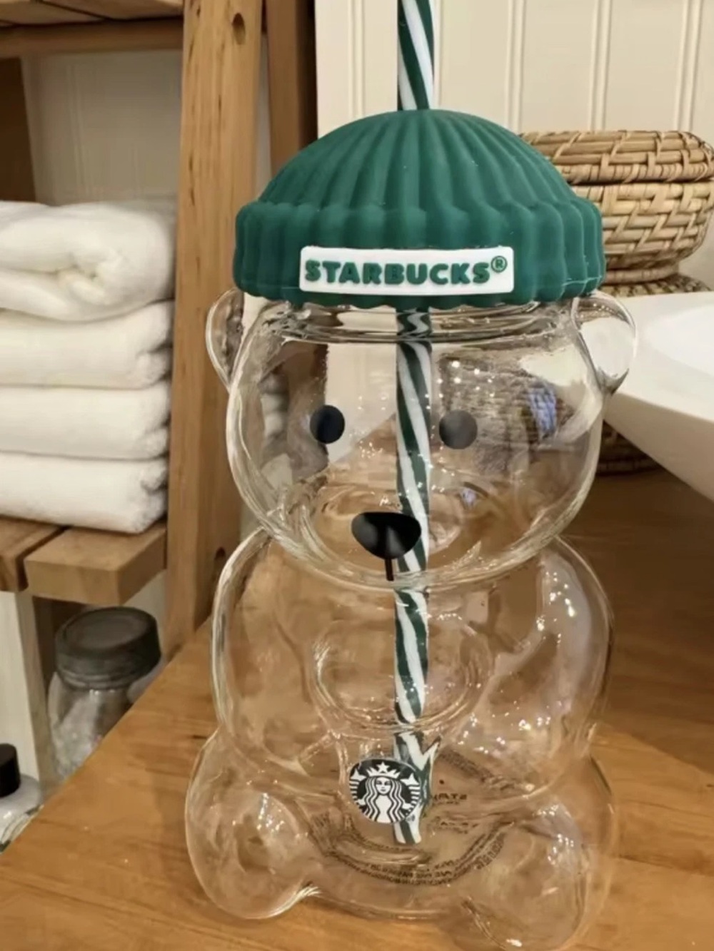 Starbucks Clear Bear-Shaped Cup with Green Cap and Green-White Straw